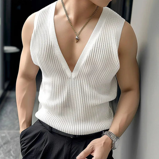 Men’s Handsome Deep V Knitted Tank Top | Sophisticated "Vertical Stripe" Hollow Silhouette | Elegant Leisure Streetwear Thin Vest | "Dignified" High-Performance Summer Knitwear for Radiant Versatile Styling Luxegan