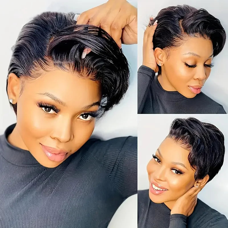 8-Inch Pixie Cut Straight Short Bob Human Hair Wig - 180% Density T-Part Deep Part Transparent Lace Frontal Wig - Glueless Pre-Plucked Brazilian Remy Human Hair Wear-and-Go Wig for Women (Dyeable to #27) Luxegan