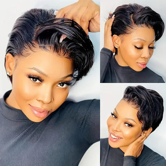 8-Inch Pixie Cut Straight Short Bob Human Hair Wig - 180% Density T-Part Deep Part Transparent Lace Frontal Wig - Glueless Pre-Plucked Brazilian Remy Human Hair Wear-and-Go Wig for Women (Dyeable to #27) Luxegan
