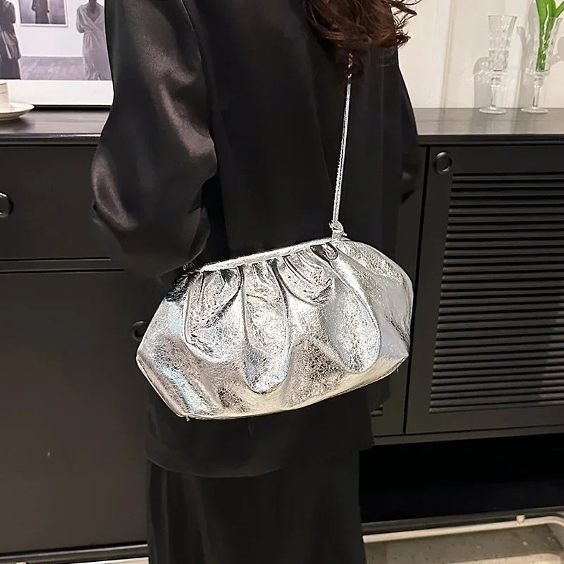 Small Luxury Design Women's Leather Silver Cloud Bag | Gold Crossbody & Ladies Party Clutch Purse (Sequined, Ruched Handbag) Luxegan