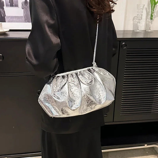 Small Luxury Design Women's Leather Silver Cloud Bag | Gold Crossbody & Ladies Party Clutch Purse (Sequined, Ruched Handbag) Luxegan
