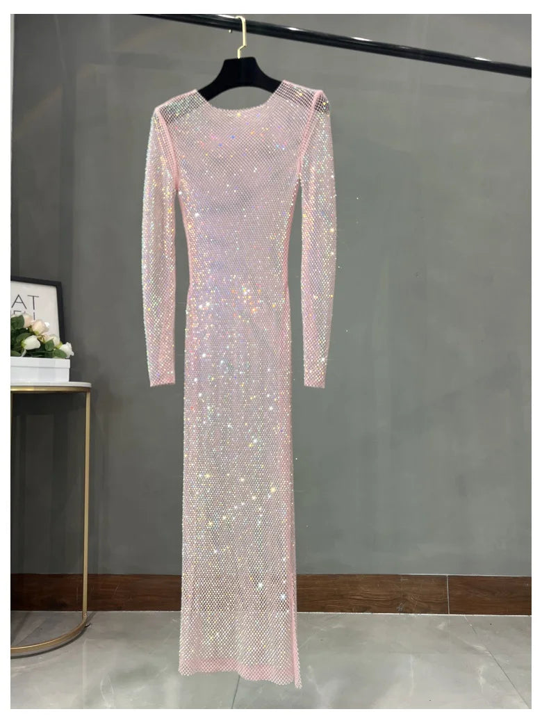 Long Sleeve Rhinestone Diamond Hollow-Out Sheath Maxi Dress | Sexy Club Glam Floor-Length Gown Luxegan