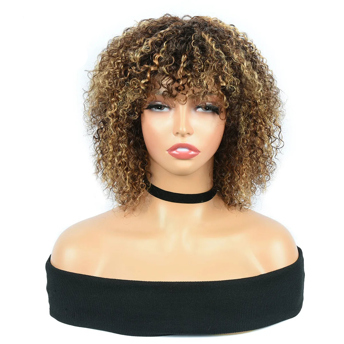 Highlight P4/27 Jerry Curl Pixie Cut Human Hair Wig with Bangs - 10-Inch Full Machine-Made Glueless Short Curly Wig - 100% Human Hair Natural Afro Curly Wig for Women (Factory Price) Luxegan