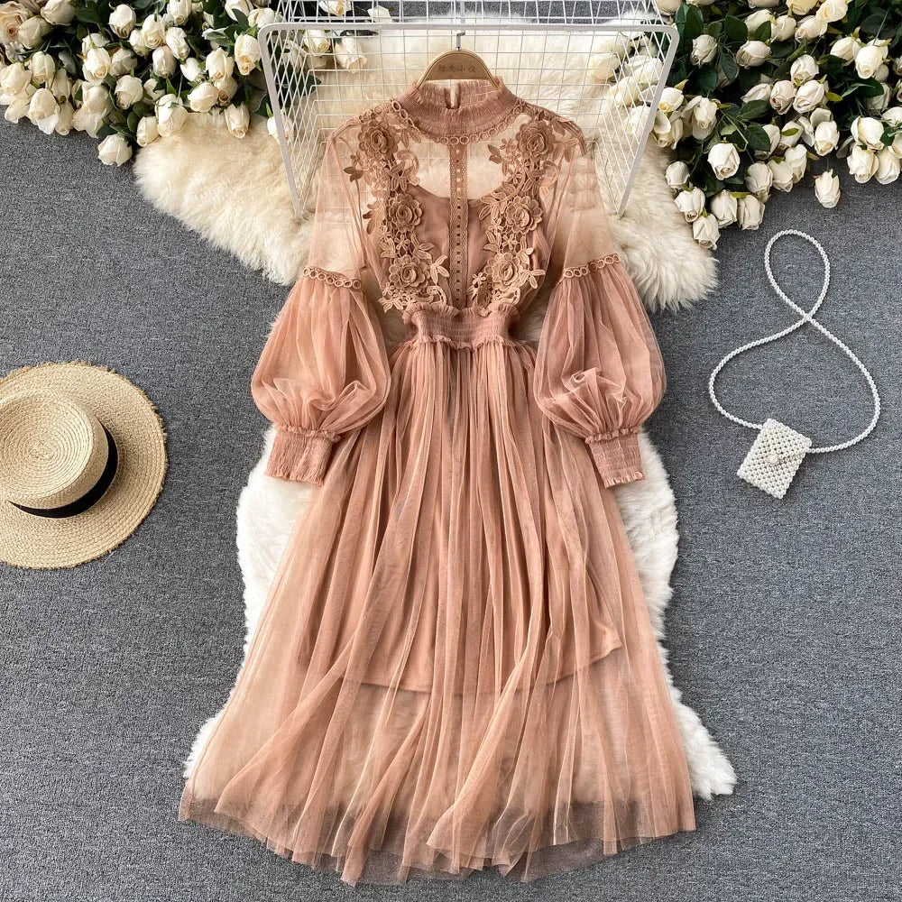 Ladies' Lace Midi Dress – Stand Collar, Lantern Sleeve, Beaded Floral Detail Luxegan