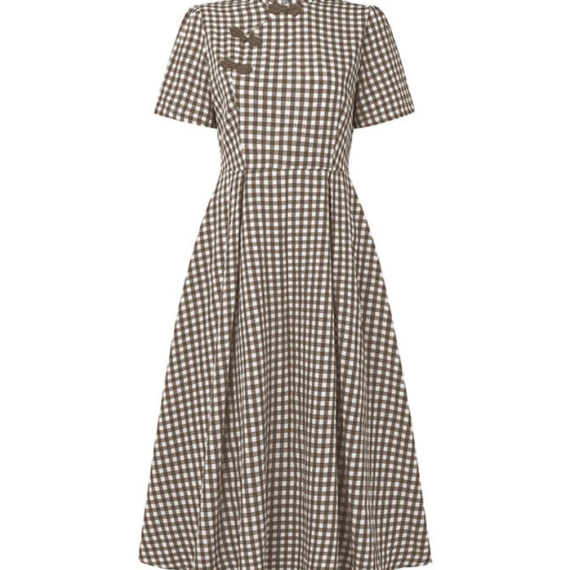Plaid Stand Collar Short Sleeve Frog Button Regular Fit A-Line Mid-Calf Dress – Empire Waist, Summer Luxegan