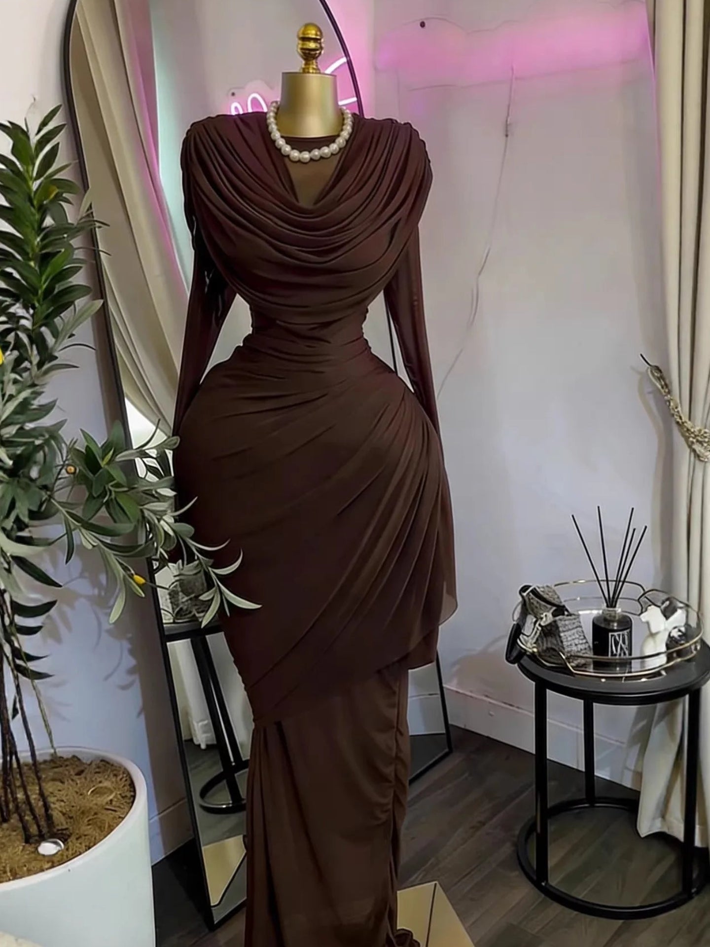 Ruched Mesh Maxi Dress – Long Sleeve, O-Neck, Floor-Length Party Dress Luxegan