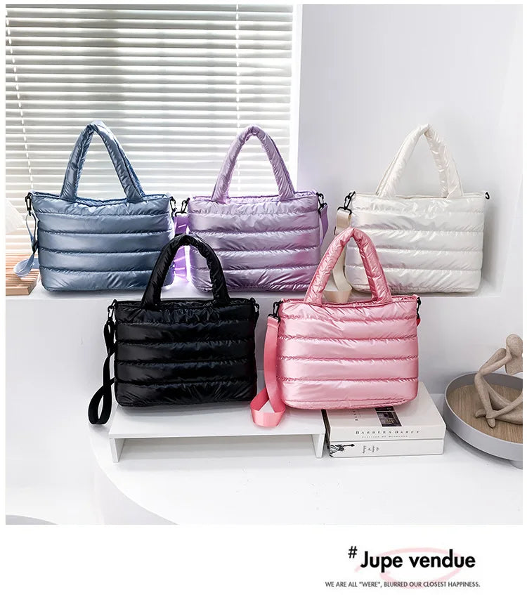 New Puffer Tote Bag for Women | Quilted Puffy Handbag & Lightweight Down Cotton Padded Shoulder & Crossbody Bag Luxegan