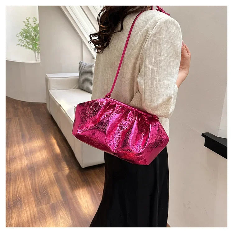 Small Luxury Design Women's Leather Silver Cloud Bag | Gold Crossbody & Ladies Party Clutch Purse (Sequined, Ruched Handbag) Luxegan