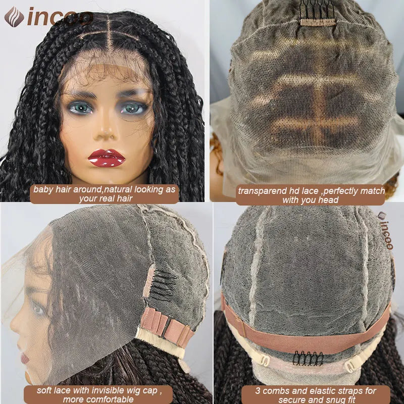 Boho Box Braided Wigs Curly Hair Synthetic Full Lace Front Wigs for Women Goddess Locs Braid Wig Burgundy Bohemian Box Braid Wig Luxegan