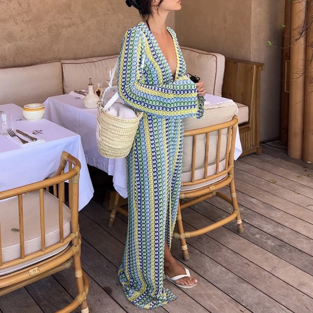 Crochet Hollow-Out Stripe Maxi Dress – Flare Sleeve, Deep V-Neck, Split Hem Luxegan