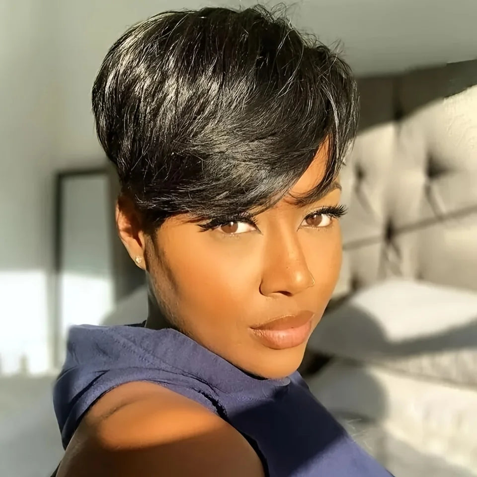 Silky Straight Short Pixie Bob Cut Wig with Bangs - 180% Density Full Machine-Made Glueless Human Hair Wig - 100% Brazilian Remy Natural Color Fringe Wig for Women (Short Length) Luxegan