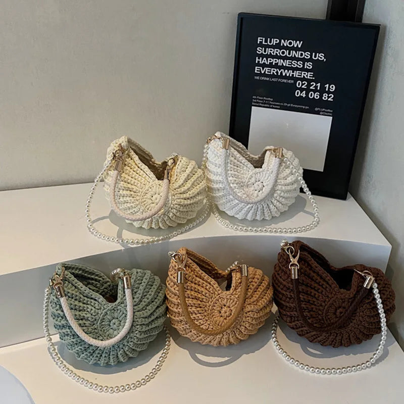 Crochet Conch Shell Bag | Elegant Pearl Chain Crossbody Purse Luxegan