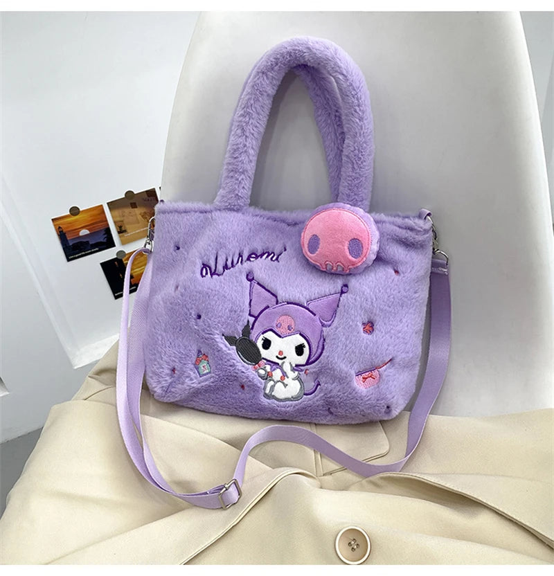 Kawaii Hello Kitty Plush Shoulder Bag | My Melody Cinnamoroll Kuromi Cute Cartoon Anime Handbag (Soft Storage Bag for Women & Girls) Luxegan