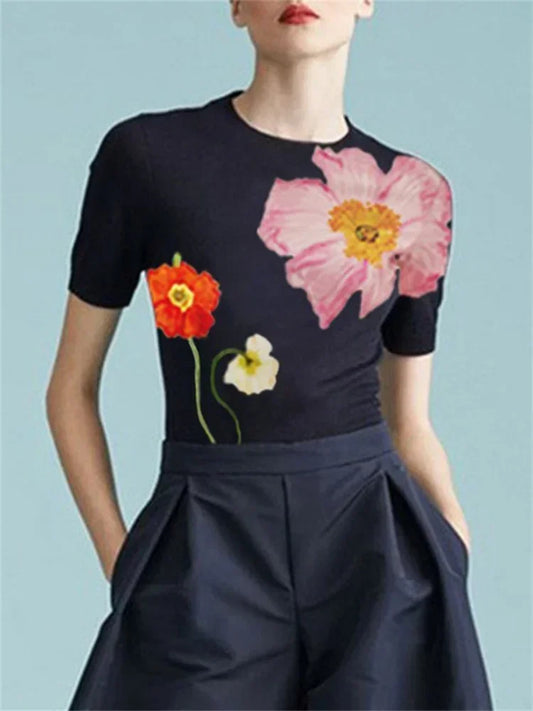 Floral Printed Slim Fit Urban T-Shirt | Sophisticated O-Neck Short Sleeve Silhouette | Elegant "Skinny Fit" Summer Tee | "Dignified" Korean Style Blended Top for Radiant Versatile Styling Luxegan