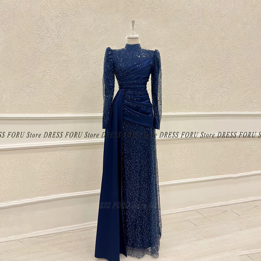 Vestido de Noche Brillante Largo de Lujo para Mujer Manga Larga Musulmán Boda Fiesta de Gala Plisado Cuello Alto Formal Certamen Fiesta