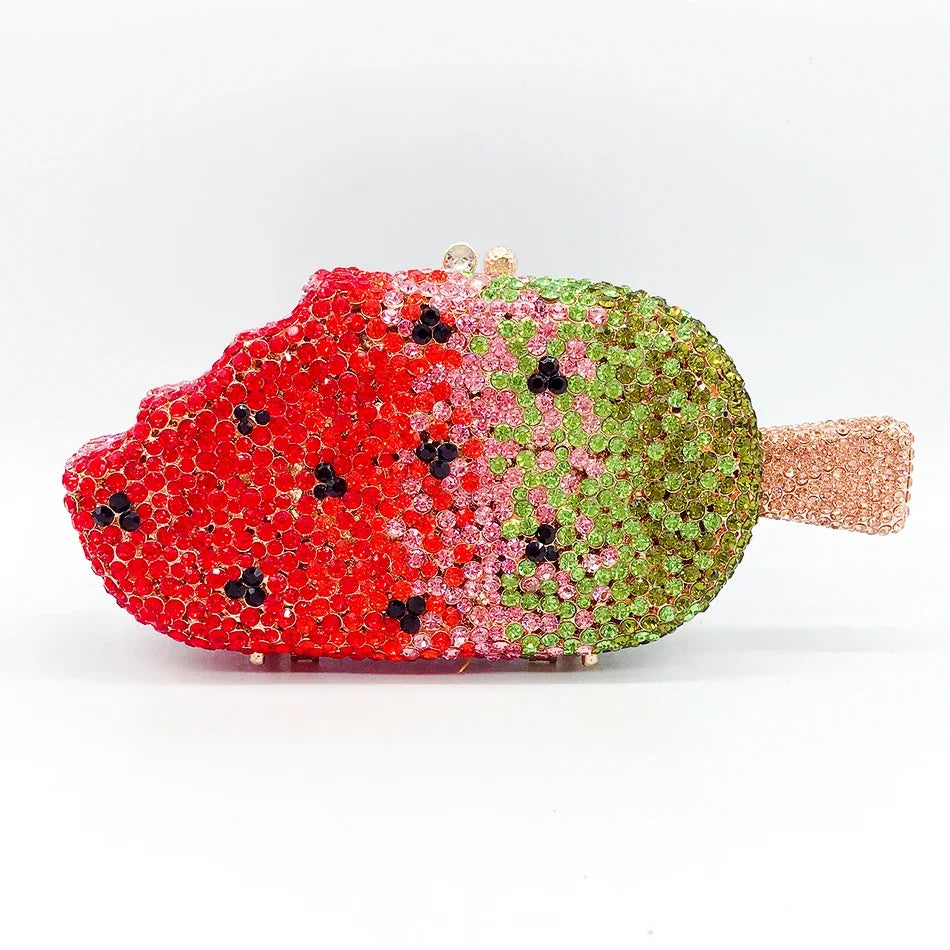 Luxury Ice Cream Diamond Evening Clutch | Sophisticated Novelty Kawaii Rhinestone Purse | Elegant High-Quality Metallic Mini Bag | "Dignified" Structured Minaudière for Party & Boutique Glamour Luxegan