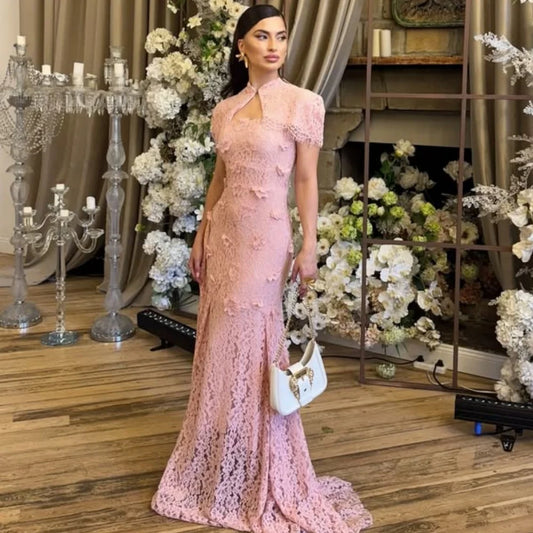Vestidos largos de sirena plisados con flores hechas a mano, estilo moderno, formal, con cuello alto, personalizados, para ocasiones especiales, de alta calidad