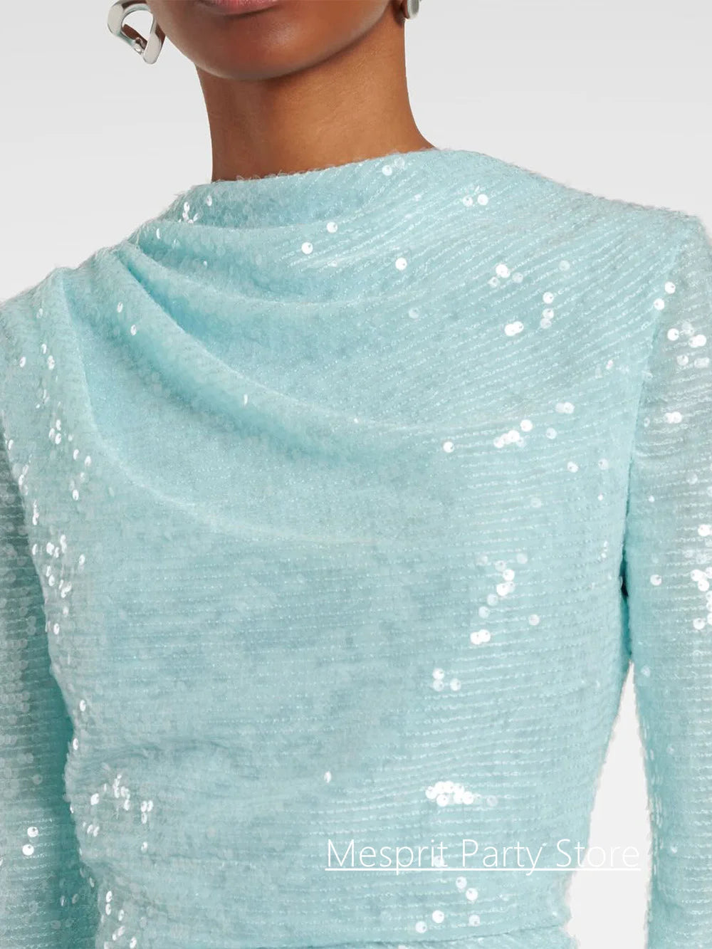 Shinny Sequined Prom Dress Customized Round Neck Long Sleeves Foor Length Simple Party Dresses Saudi Arabian Evening Gown
