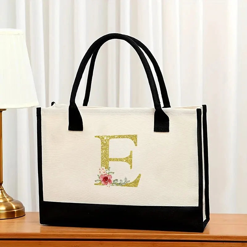 Canvas Gold Letter Fashion Tote Bag | Trendy Metallic Initial Handbag | Large Capacity Canvas Shopping Bag & Daily Satchel for Women Luxegan