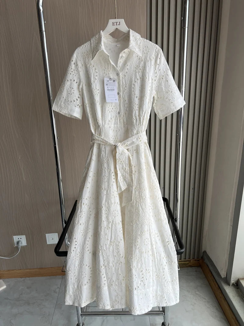 Solid Turn-Down Collar Short Sleeve Hollow Out Regular Fit A-Line Mid-Calf Cotton Dress – Natural Waist, Summer Luxegan