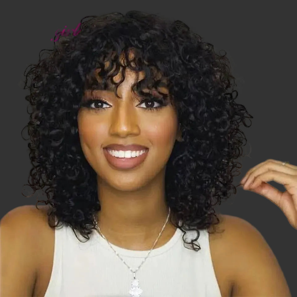 Short Curly Pixie Bob Human Hair Wig with Bangs | Glueless Full Machine-Made Water Wave Wig | 100% Brazilian Remy Human Hair Fringe Bob for Women (10-16 Inch, Natural Black) Luxegan