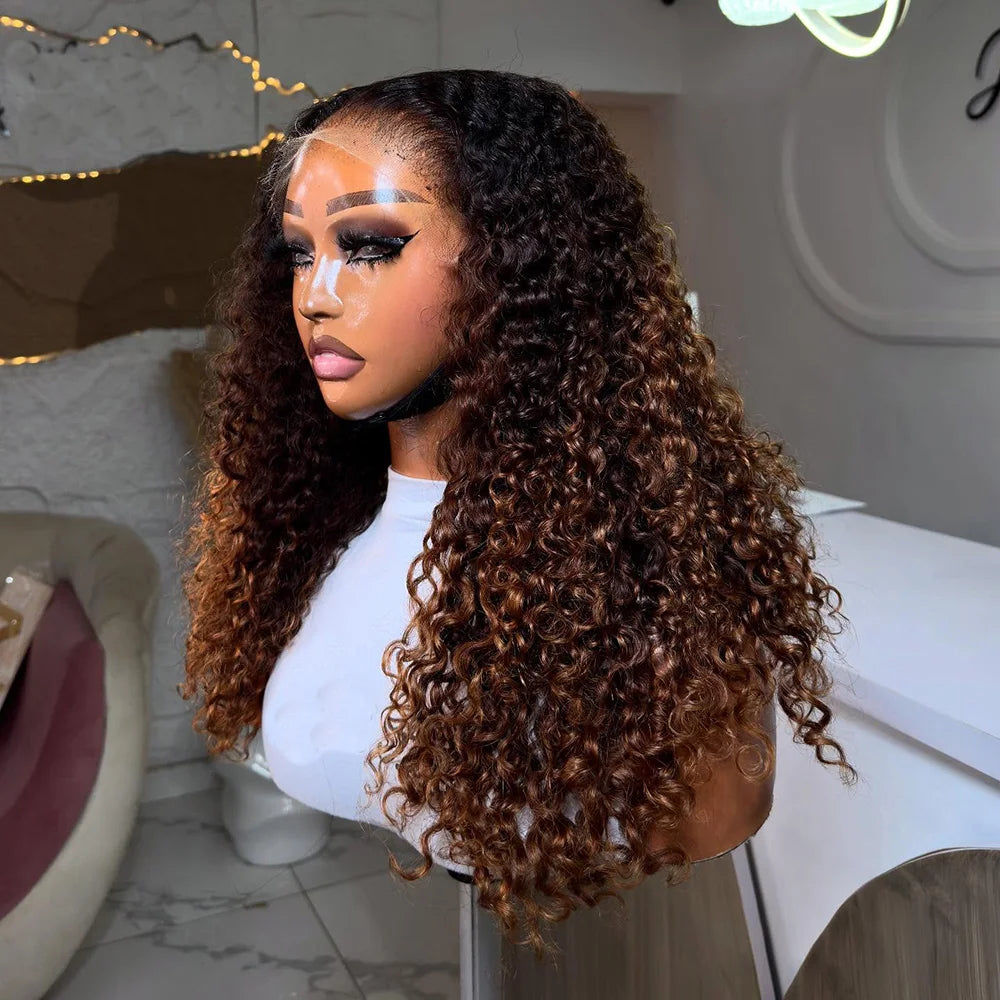 Ombre Chocolate Brown Burmese Curly HD Lace Wig | Sophisticated 7x5 Pre-Cut Invisi HD Lace Footwear | Elegant "Glueless" Silhouette | "Dignified" Chinese Remy Human Hair for Radiant Versatile Styling Luxegan