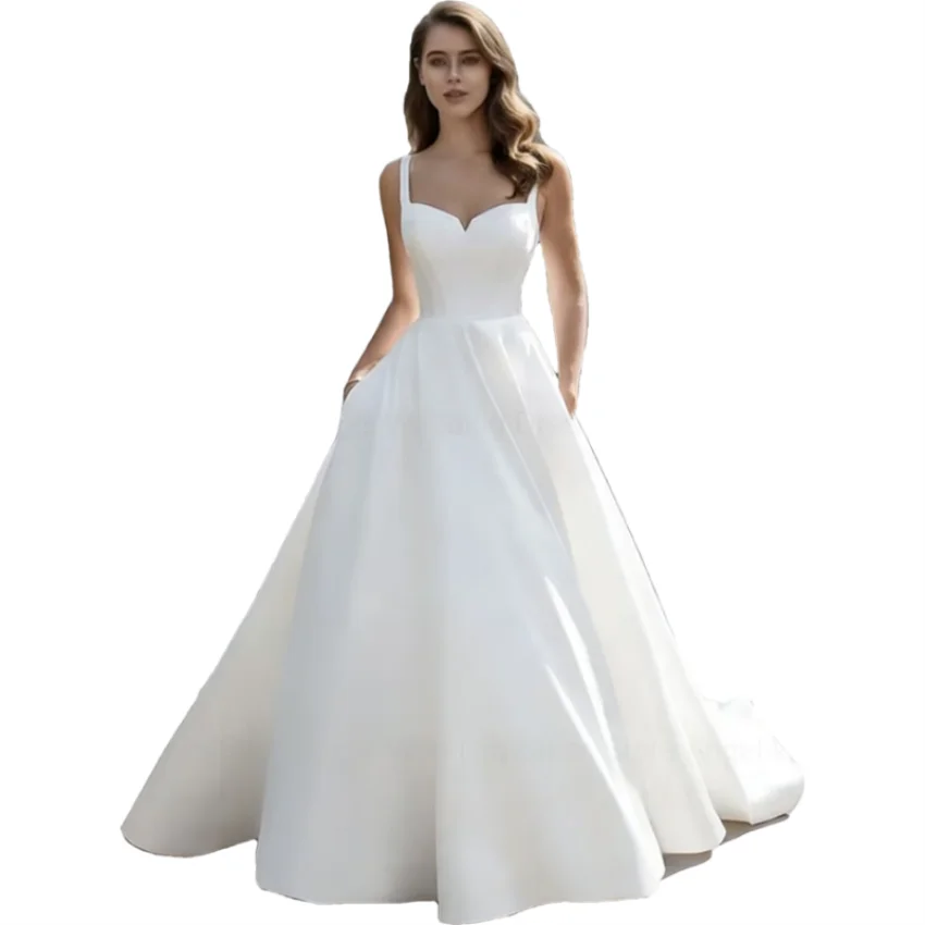 Elegant Satin A-Line Wedding Dress with Pockets | Minimalist V-Neck Spaghetti Strap Bridal Gown | Sexy Backless Floor-Length Bride Dress | Model 30249 Simple Custom Gown with Sweep Train Luxegan