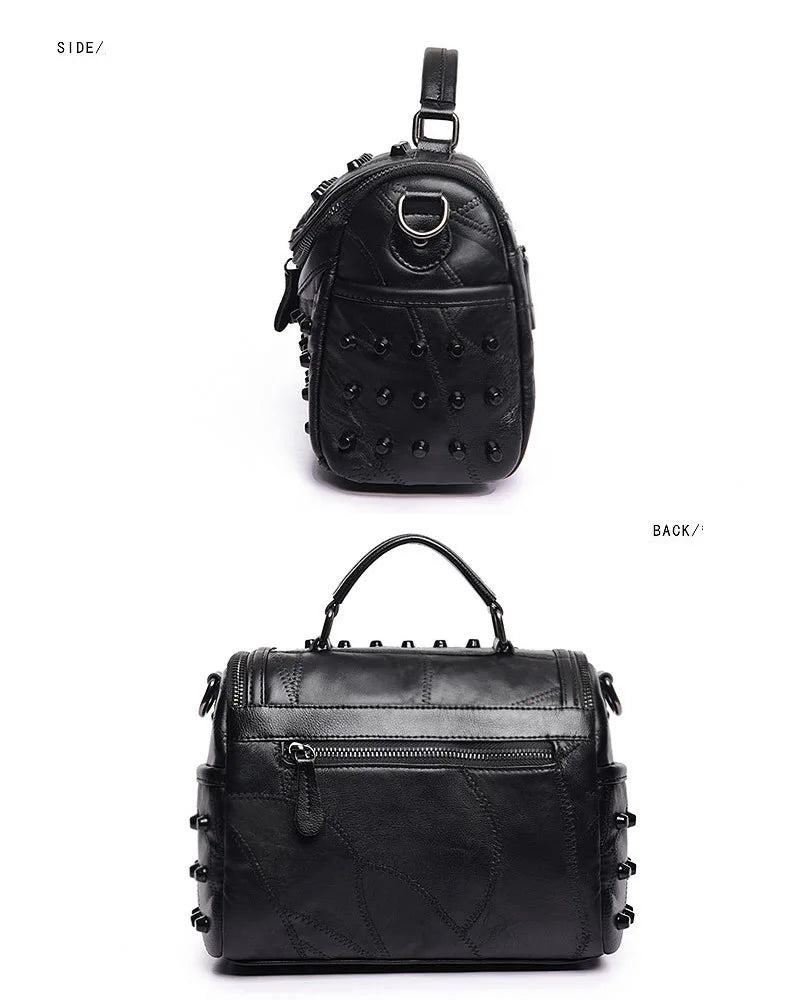 Deluxe Sheepskin-Texture Messenger Handbag | Famous Brand Designer Rectangle Shoulder Bag | Fashion Small Square Bag with Rivet Decoration & Digging Bag Exterior Luxegan