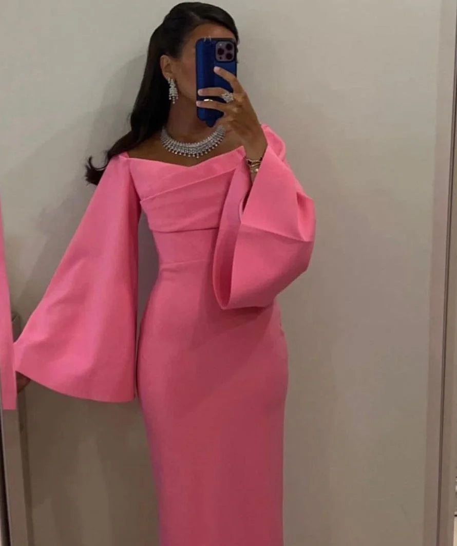 Elegant Dubai Mermaid Prom Dress | Off-the-Shoulder Full-Sleeve Evening Party Gown | Simple Satin Floor-Length Formal Celebration Dress Luxegan