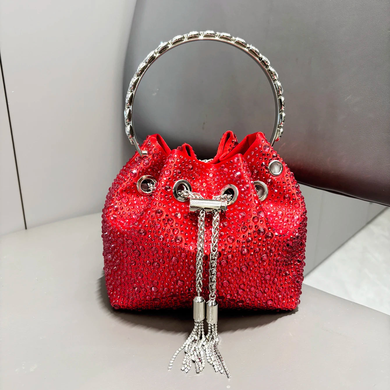 Luxury Designer Rhinestone Evening Clutch | Shiny Crystal Bucket Handbag & Fashion Shoulder Bag Luxegan