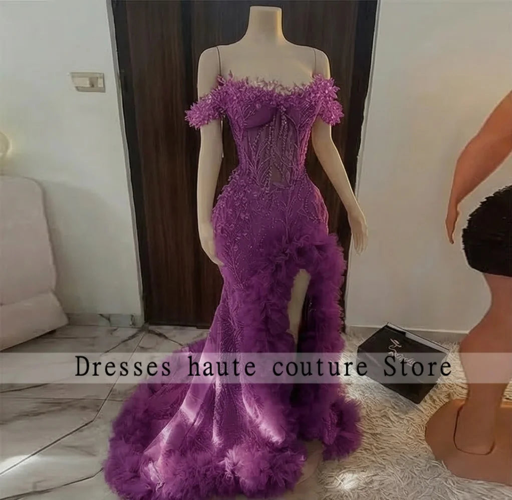 Luxury Pink Diamond Prom Dress | African Women's High Slit Formal Wedding Gown | Exquisite Crystal Beaded Ruffle Evening Dress | Premium Mermaid Floor-Length Sleeveless Robe with Built-in Bra Luxegan