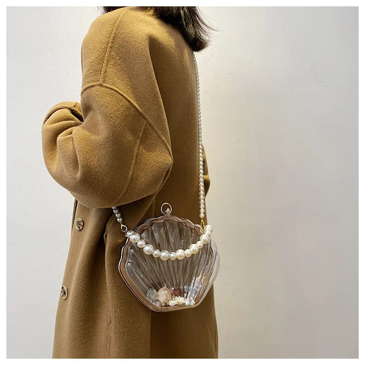 PVC Transparent Shell Bag | Hard Pearl Chain Crossbody & Evening Clutch Luxegan