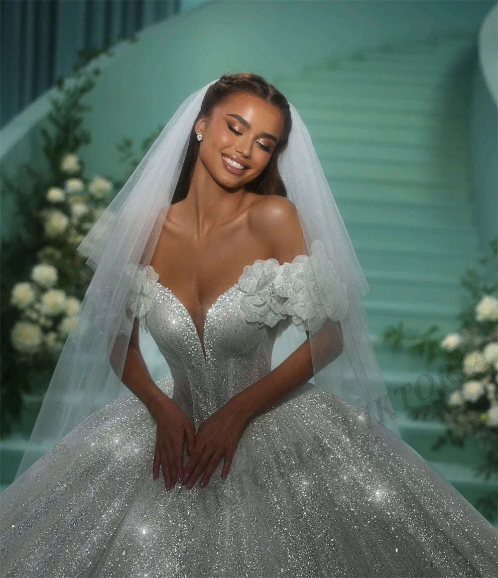 Exquisite Glitter Princess Bridal Ball Gown | Elegant Off-the-Shoulder Sweetheart Silhouette | Custom Made 3D Flowers & Pleated Tulle Wedding Dress | Royal Lace-Up Vestidos De Novias with Sweep Train Luxegan