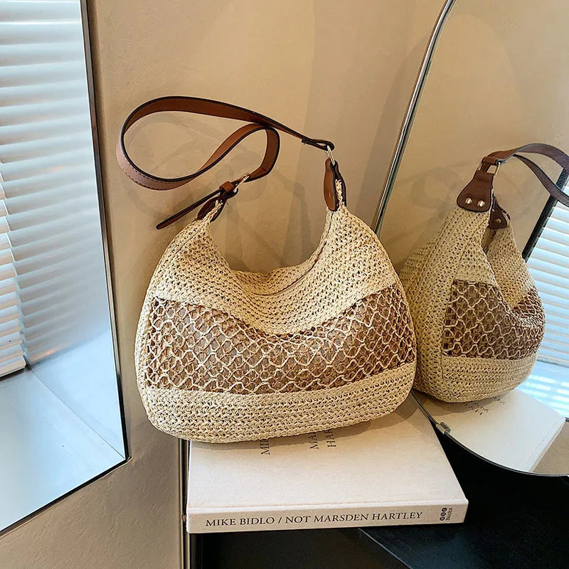 Large Capacity Summer Straw Weaving Shoulder Bag | Women's Handmade Crochet Beach Handbag & Woven Hollow Out Underarm Knitting Bag Luxegan
