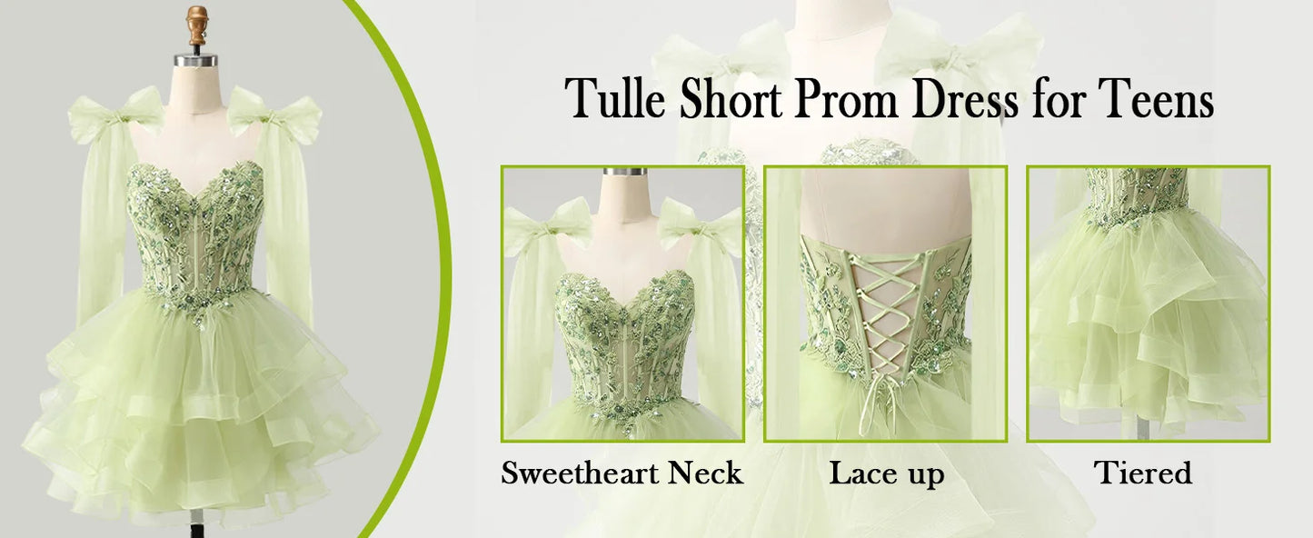 Tiered Tulle Homecoming Dresses Sparkly Lace Applique Bow Straps Short Prom Dress for Teens Cocktail Dress Graduation Dress
