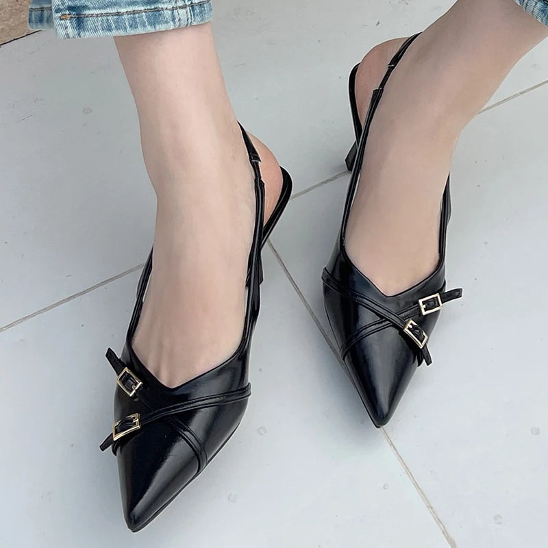 Red Fashion Slingback Heels | Sophisticated 5cm–8cm Thin High Heels | Elegant "Red Solid PU" Silhouette | "Dignified" Round Toe Buckle Strap Pumps for Radiant Versatile Styling Luxegan