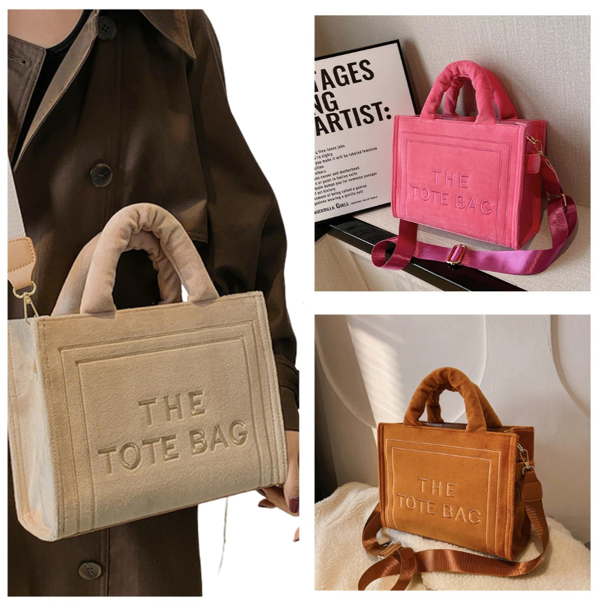 Aesthetic Velour Square Tote Bag | Elegant Letter Print Ladies Shoulder Bag | Sophisticated Felt & Velour Crossbody | Women’s Charisma Top-Handle Handbag with Interior Cell Phone Pocket Luxegan