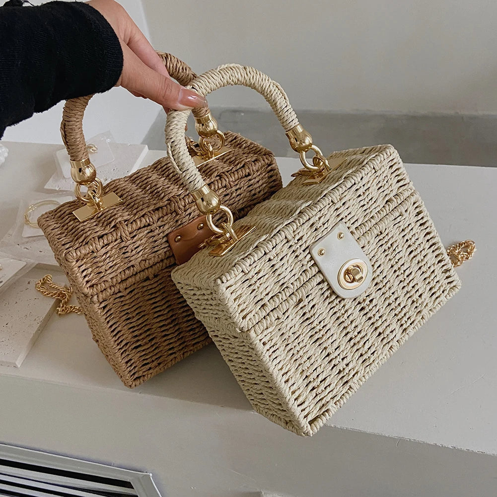 Rattan Straw Shoulder Bag | Women's Boho Hand-Woven Basket Messenger Pouch & Summer Beach Top-Handle Handbag Luxegan