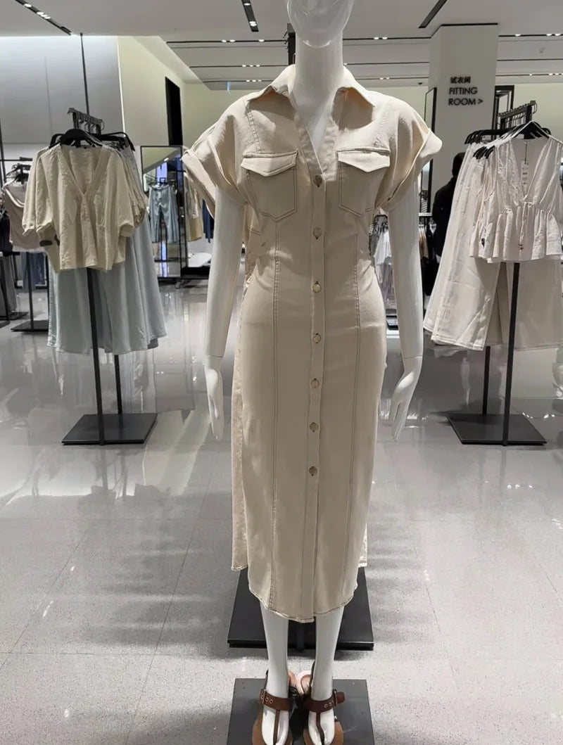 Liquid-Denim Pleated Midi Gown | Kinetic Single-Breasted Utilitarian Summer Dress | High-Street Turn-Down V-Neck Half-Sleeve Masterpiece | Ankle-Length H-Profile Straight Luxegan