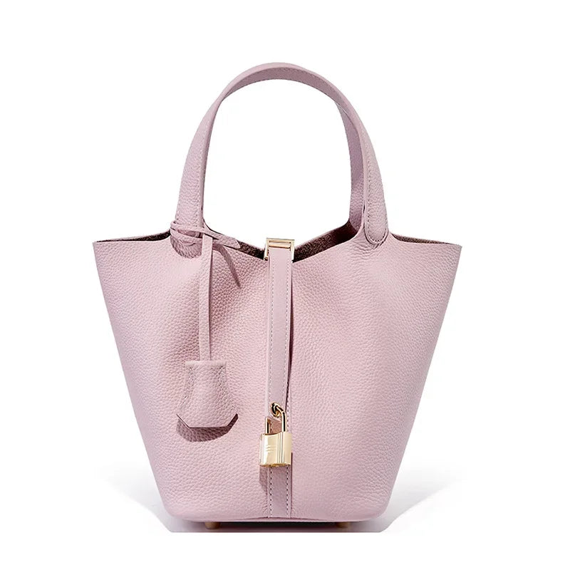 Fashion Women's Mini Genuine Leather Bucket Bag | Soft Litchi Pattern Tote with Lock | Mommy/Bride Wedding Shoulder Handbag Luxegan