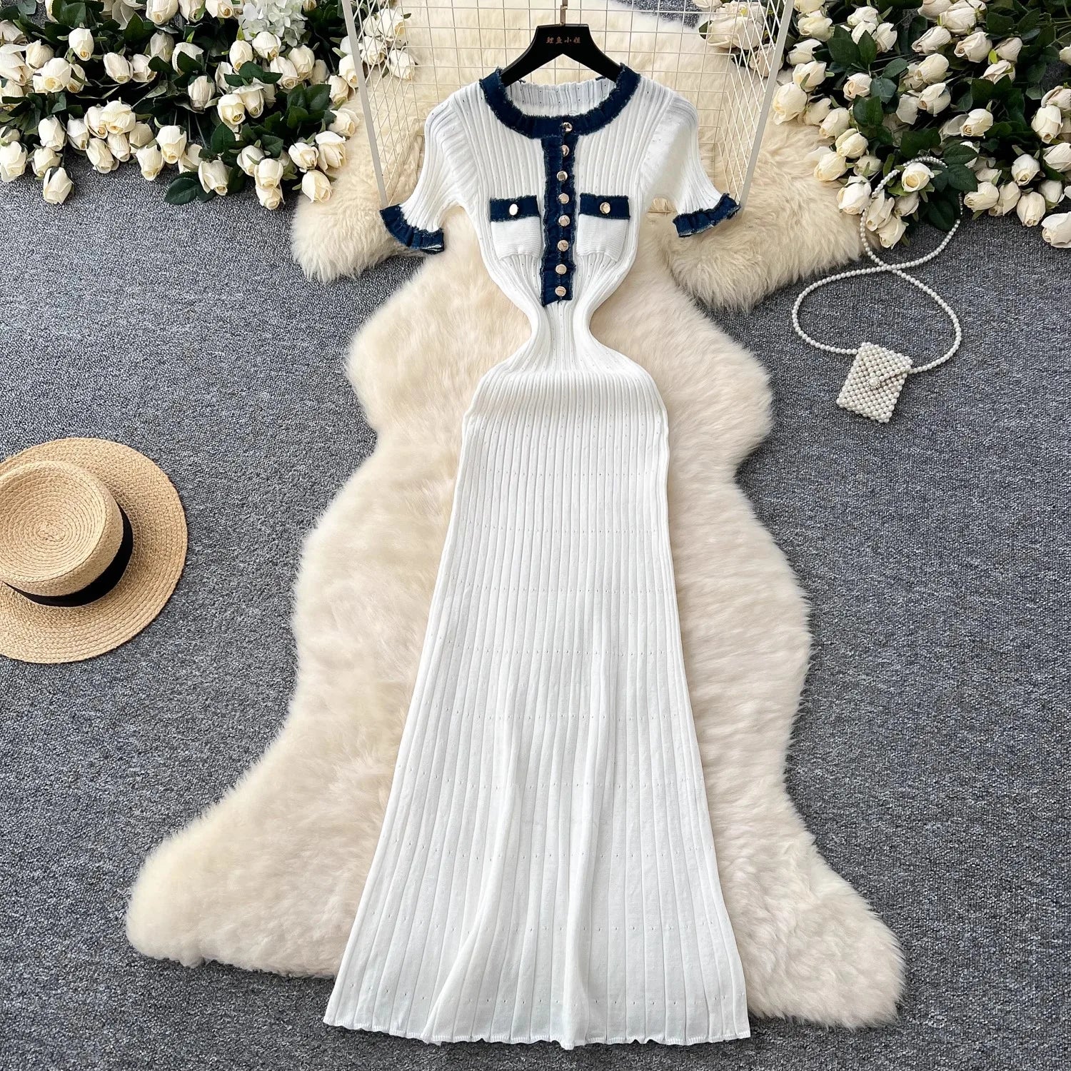 Chic Sexy Packages Knitted Maxi Dress | Vintage Denim Patchwork Long Sweater Dress | Elegant Button Accent O-Neck Slim Party Gown | Premium Medium Stretch A-Lineidos Luxegan