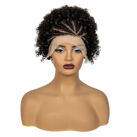 Natural Black Synthetic aBraided Wig | 13x4 Transparent Lace Front Short Afro Kinky Curly Braids Luxegan