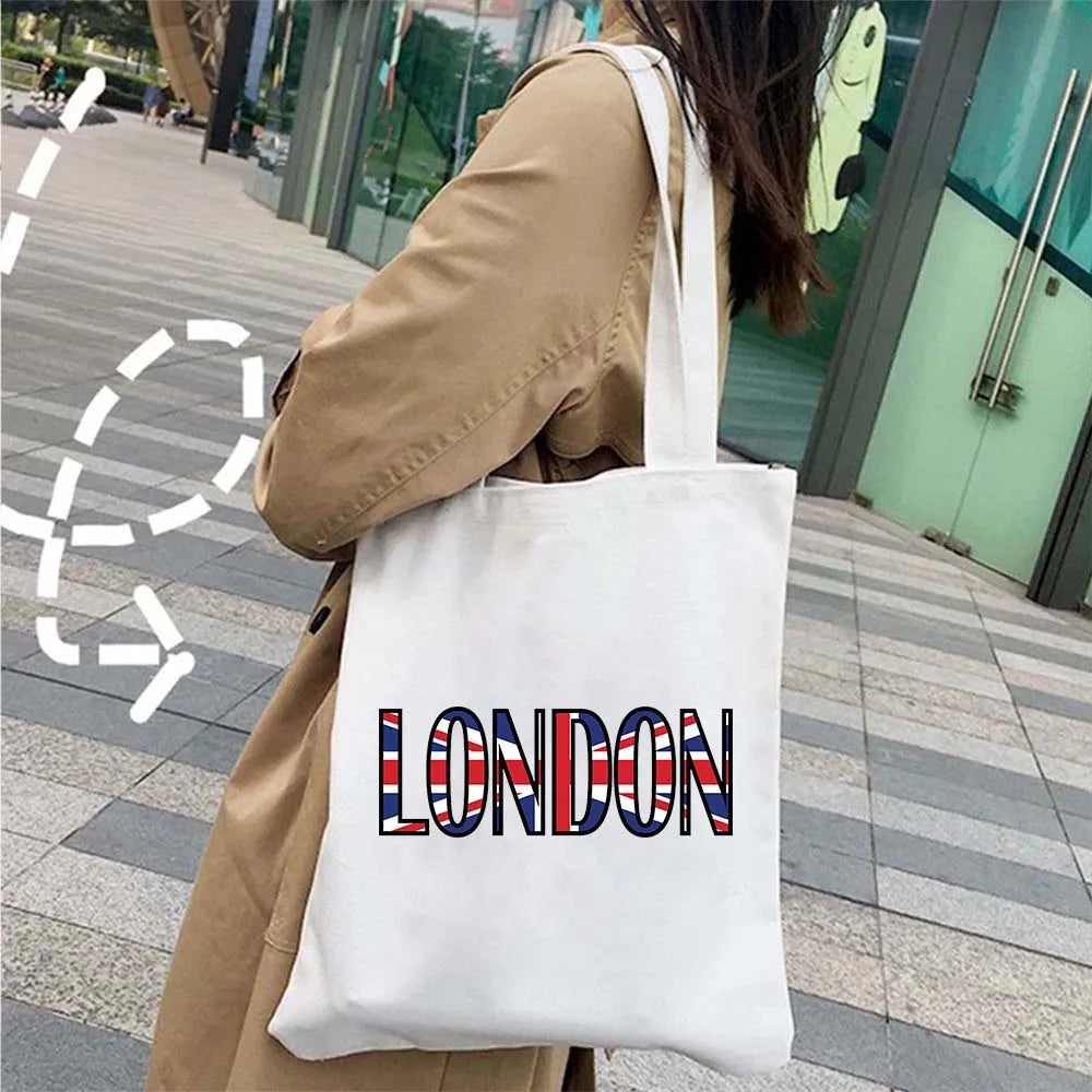 London Big Ben England Map Flag Canvas Tote Bag | UK City Landscape Skyline Shoulder Shopping Handbag (Women's Tourist Gift) Luxegan