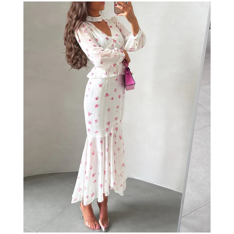 Print Lapel V-Neck Short Sleeve Fit-and-Flare Pleated Mid-Calf Dress – Natural Waist, Slight Stretch, Spring/Summer Luxegan