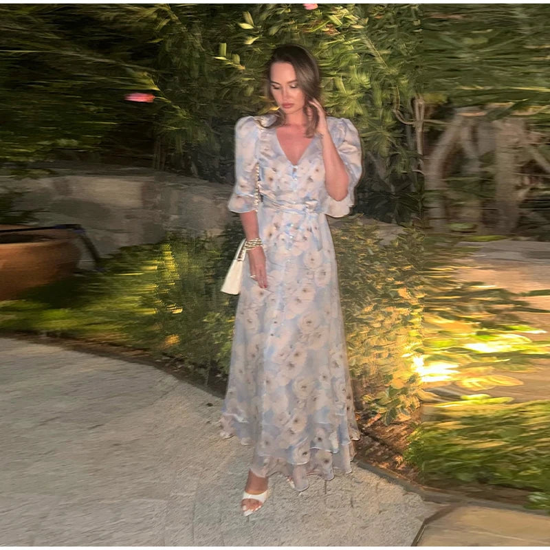 Organza Floral Printed Maxi Dress V-Neck  Puff Sleeve 2026 Spring/Summer Romantic Women Party Gown Fashion Elegant Lady Vestidos
