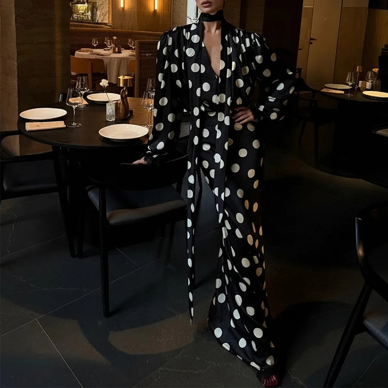 Women's Polka Dot Printed Satin Banquet Dress | Elegant High-Waist V-Neck Maxi Dress | Long-Sleeve Ruffle Spring Autumn A-Line Gown Luxegan