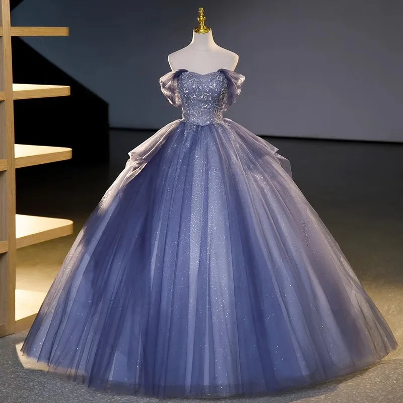 Women's Amazing Ready-to-Wear Prom Dress | Extra Fluffy Long Gala Gown | Elegant Strapless Lace Party Dress for Photo Shoots | Premium Tatting All-Season Ball Gown Luxegan