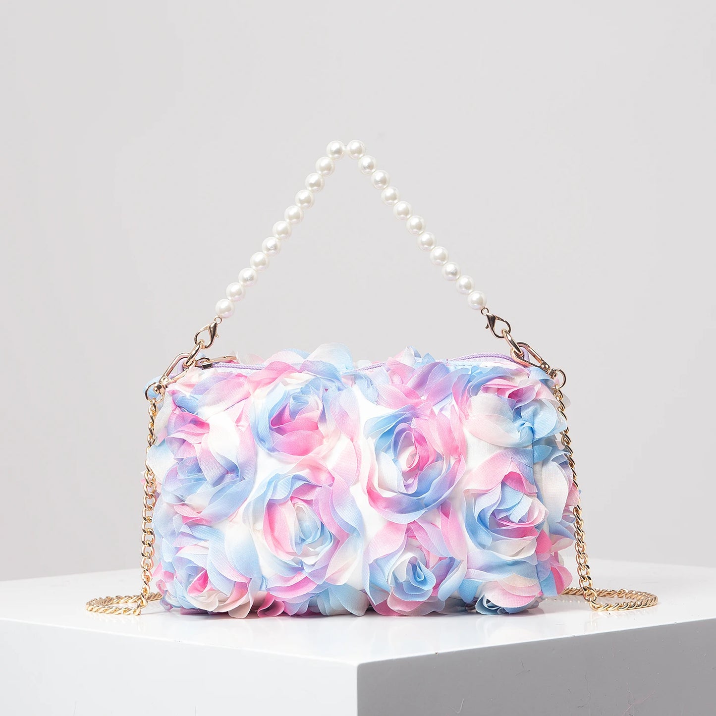 Polyester Floral Square Bag | Soft Elegant Rose Flower & Faux Pearl Dinner Clutch Luxegan