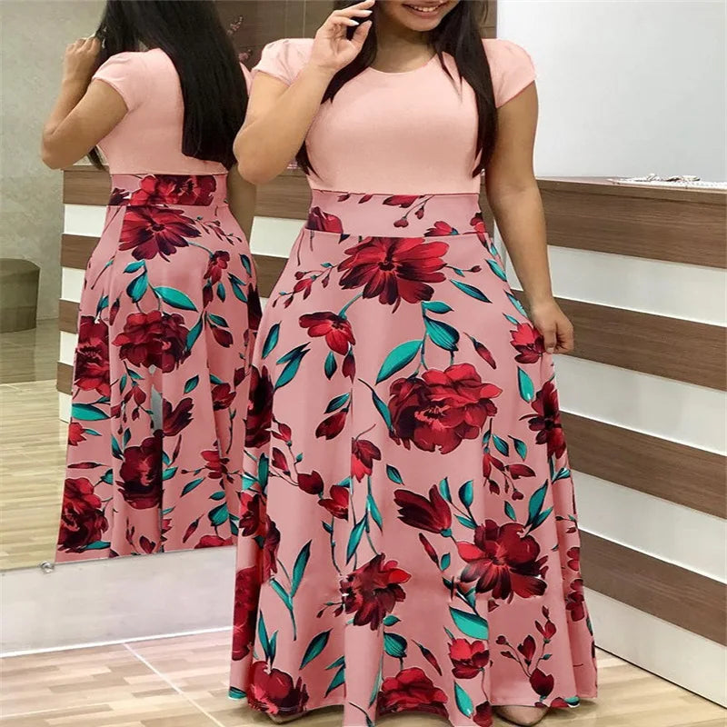 Print Round Neck Regular Fit Straight Ankle-Length Dress – Short & Long Sleeve Options, Spring/Summer