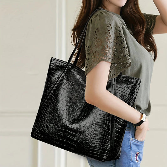 Large Stylish Black Crocodile Print PU Tote Bag for Women Luxegan